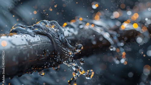 Detailed image of water gushing from a broken plastic pipe, with chaotic splashes and water droplets forming intricate patterns photo