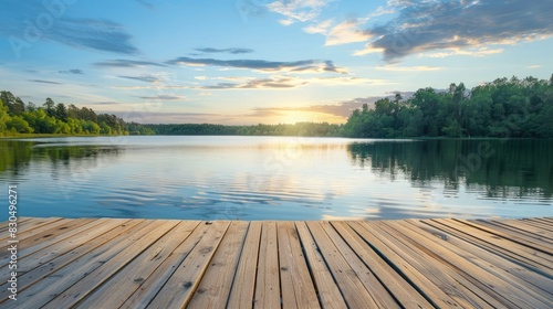 Fototapeta Naklejka Na Ścianę i Meble -  Sky background enhances wooden floor platform overlooking a lake