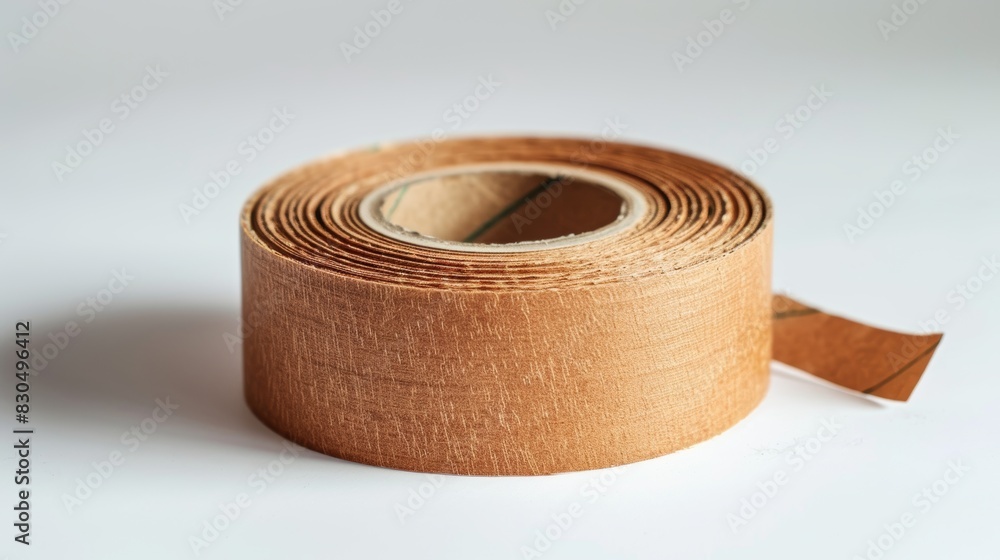 Close-up of adhesive brown paper tape in a clean roll, isolated on a white background, studio lighting highlighting texture Close-up of adhesive brown paper tape in a clean roll, isolated on a white background, studio lighting highlighting texture