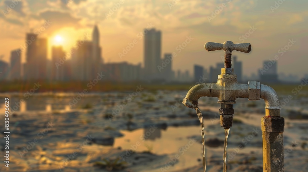 A dry water tap in the foreground with a blurred city skyline in the background, illustrating urban water scarcity due to climate change A dry water tap in the foreground with a blurred city skyline in the background, illustrating urban water scarcity due to climate change