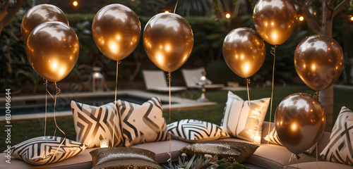 A stylish sitting area with geometric-patterned cushions and metallic balloons  lit by delicate string lights