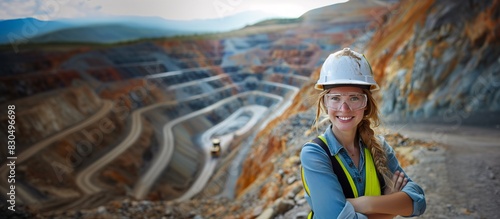 Caucasian Safety and Occupational Health Specialist Woman Smiling Confidently, Open-Pit Mine Environment, Risk Mitigation Concept, PPE, Copy Space.