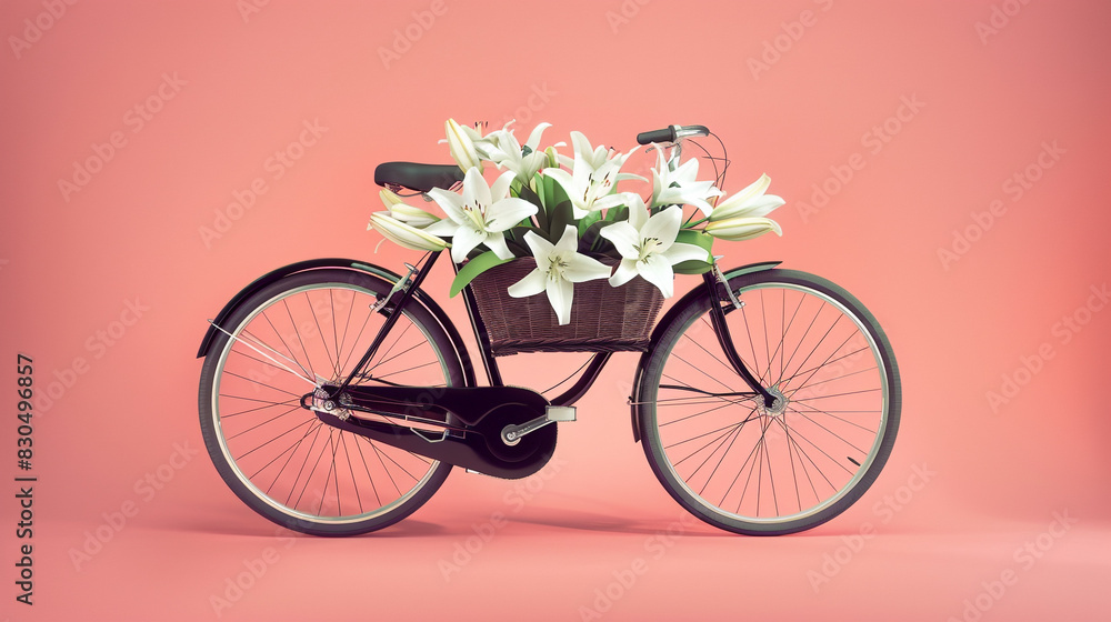 A sophisticated black bicycle with a neatly arranged front basket of white lilies, set against a soft pink background for an elegant display.