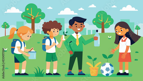 In the schools sports field students use ecofriendly and nontoxic fertilizers and pesticides promoting a healthier environment for both humans and wildlife.. Vector illustration