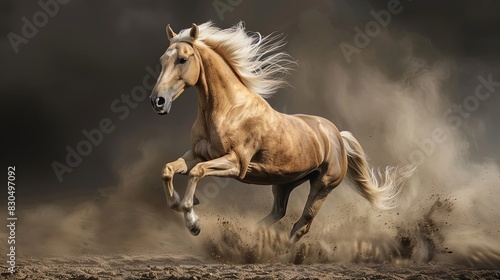 Galloping palomino horse kicking up dust in motion. Dynamic studio action shot. Strength and speed concept. Design for poster, wallpaper, banner.