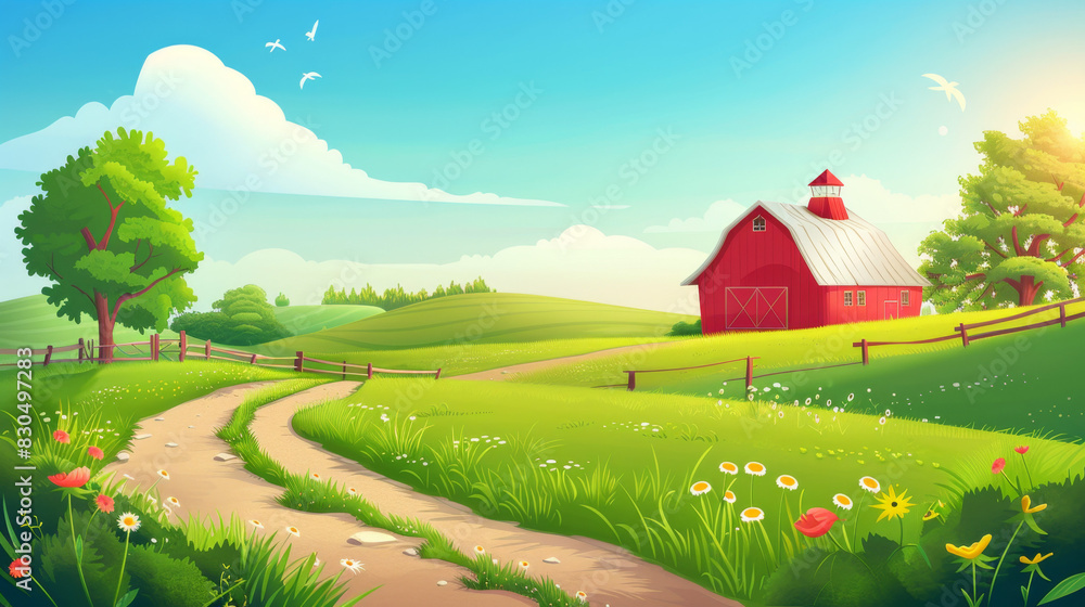 Cute cartoon farm landscape with red barn, green meadow and road in sunny day. Vector illustration of summer or spring nature Cute cartoon farm landscape with red barn, green meadow and road in sunny day. Vector illustration of summer or spring nature