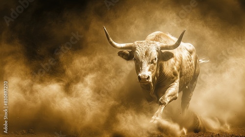 Charging beige bull in motion surrounded by dust. Dynamic studio action shot. Strength and power concept. Design for poster, wallpaper, banner.