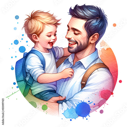 Father holding a school kid in a happy mood Father's Day clipart transparent PNG sublimation