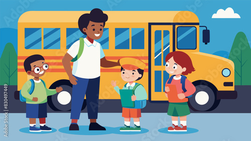 A student patrol member assisting younger students on and off the school bus making sure they stay seated and safely enter and exit the vehicle.. Vector illustration