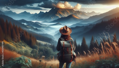 Woman with backpack and hat standing on a hillside overlooking a misty mountain valley at sunrise #830497491