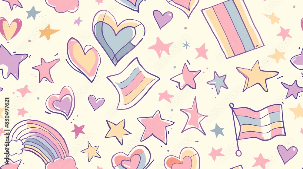Soft pastel-colored seamless pattern with hand-drawn LGBTQ pride flags, stars, and hearts, highlighting love and inclusivity in a gentle and artistic style Soft pastel-colored seamless pattern with hand-drawn LGBTQ pride flags, stars, and hearts, highlighting love and inclusivity in a gentle and artistic style