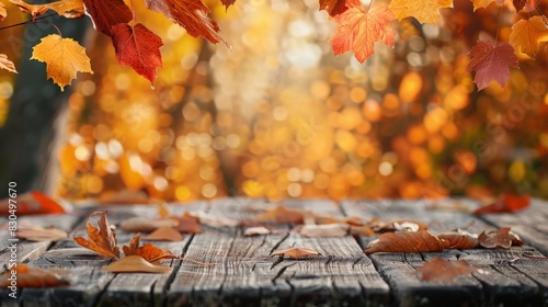 Wooden table with orange fall leaves  autumn natural background