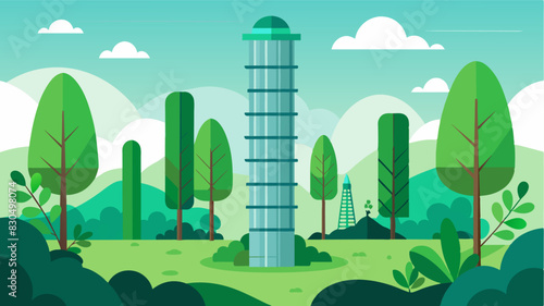 The vertical structures rise high above the lush surroundings resembling a tower of ecoconscious innovation.. Vector illustration