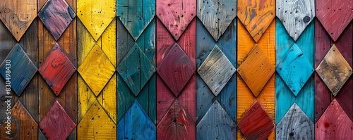 Colorful wooden background with colorful diamondshaped wood panels in the style of various artists photo