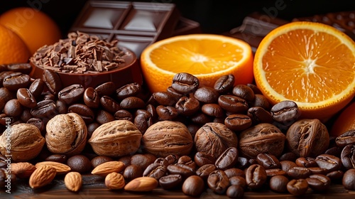 A rich assortment of coffee beans, orange slices, chocolate pieces, and nuts, showcasing a blend of flavors and textures.