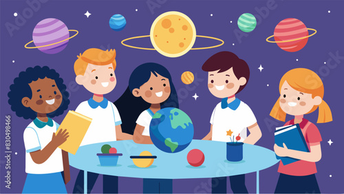A table adorned with a replica of the solar system created by a team of 6th graders who proudly explain the positioning of each planet.. Vector illustration