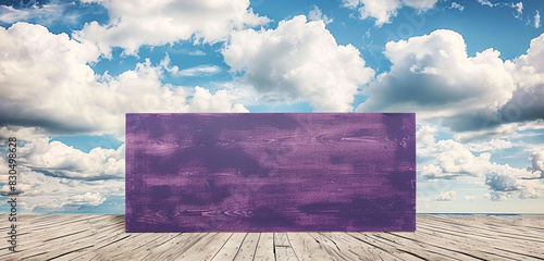 Blank signboard of poplar wood with deep purple paint situated on beach wood flooring under fluffy cloud skies. photo