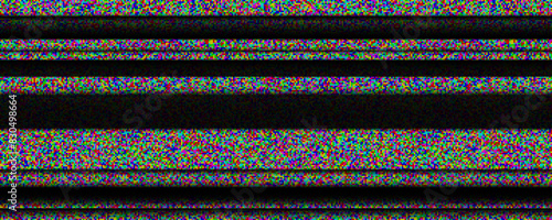 TV static noise background. Glitched white noise texture. Colored VHS video signal with black stripes, interferences or glitches. Pixelated television screen backdrop grain for poster, banner. Vector
