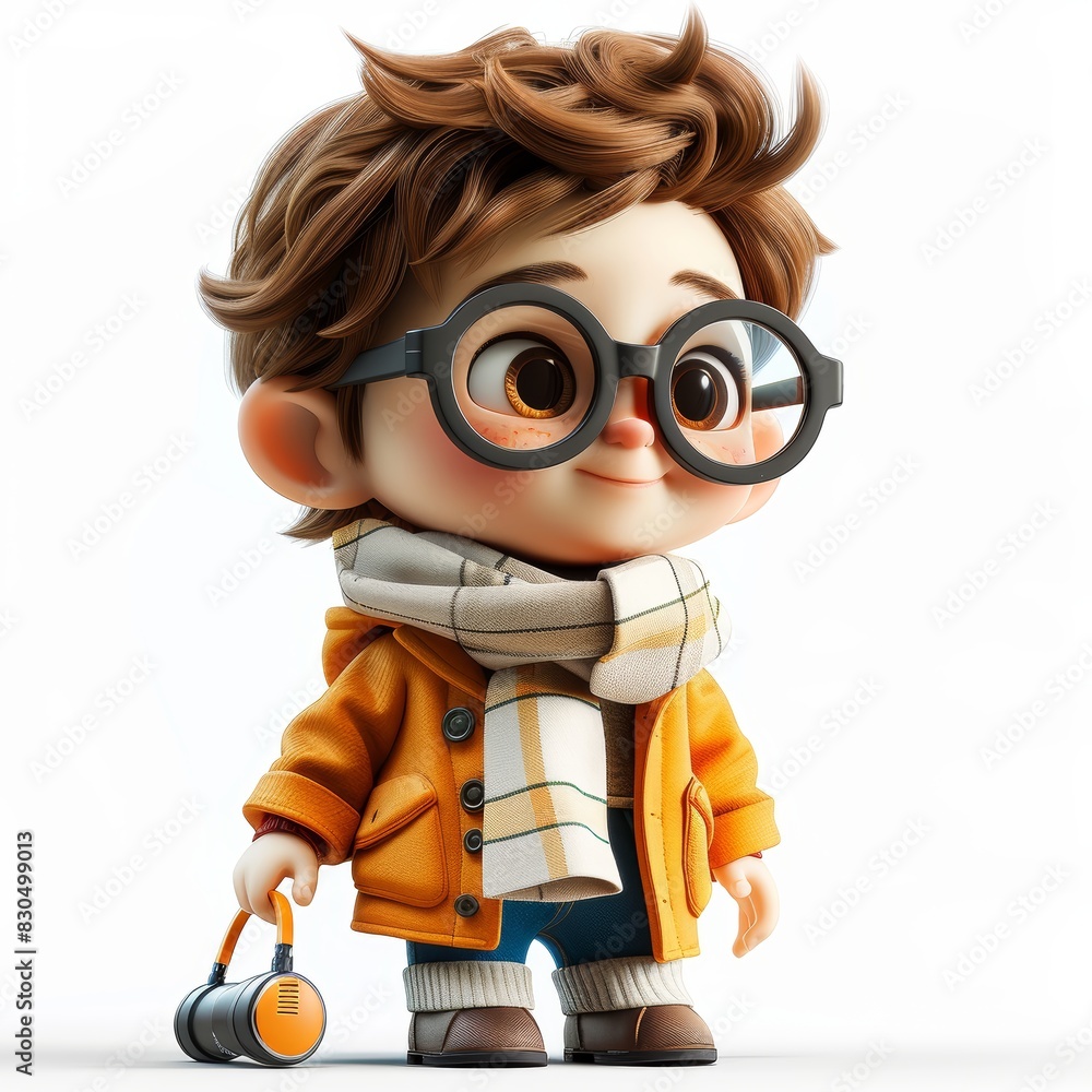 3d Cute kid playing wear glasses on white background