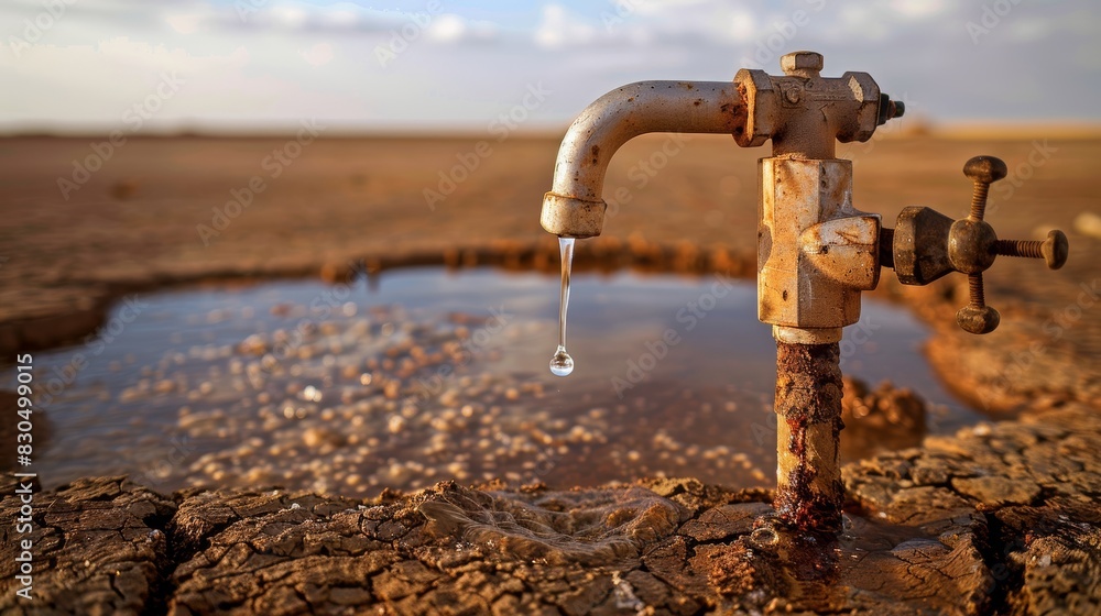 A close-up of a rusty water tap with a single drop of water, surrounded ...