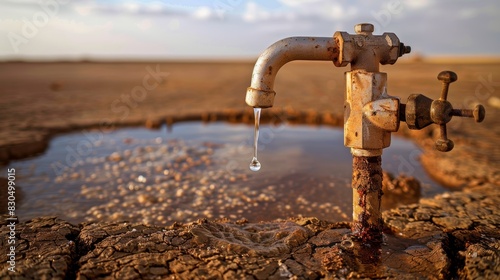 A close-up of a rusty water tap with a single drop of water, surrounded by barren land and empty water containers, highlighting the struggle for clean water