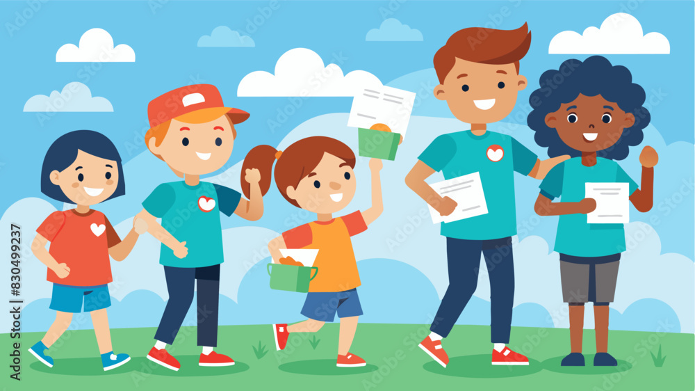 A group of children eagerly collecting pledges from neighbors for the charity run determined to make a difference.. Vector illustration