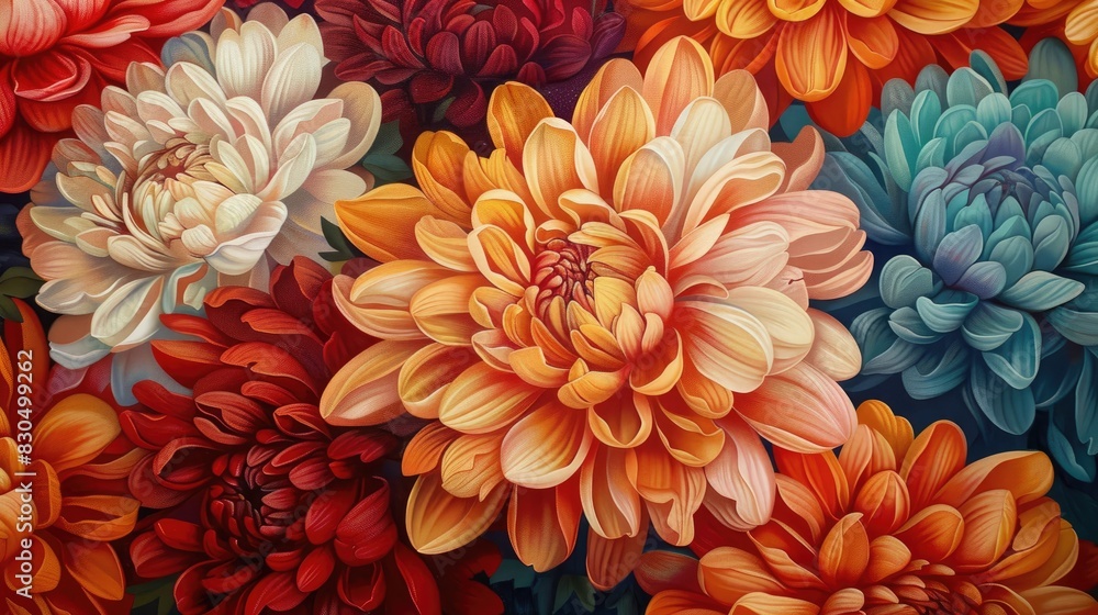 Chrysanthemum blooms portrayed in a close up view featuring a range of hues