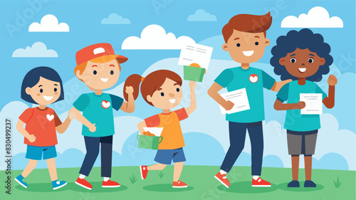 A group of children eagerly collecting pledges from neighbors for the charity run determined to make a difference.. Vector illustration