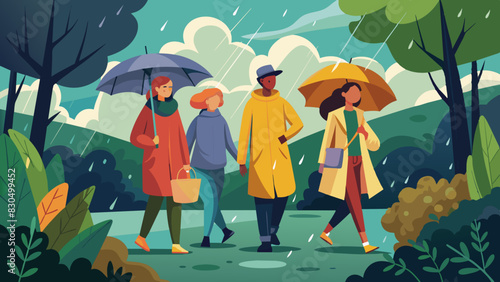 Stylish Friends Walking in Rain with Colorful Umbrellas and Raincoats