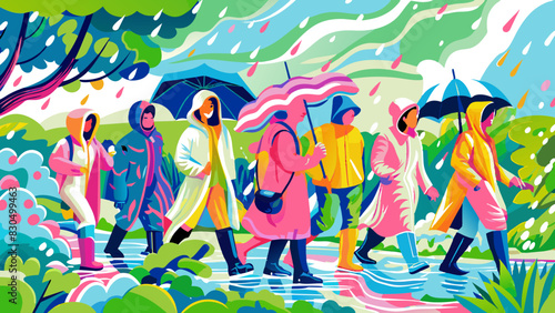 Colorful Raincoats in Vibrant Spring Rain Illustration