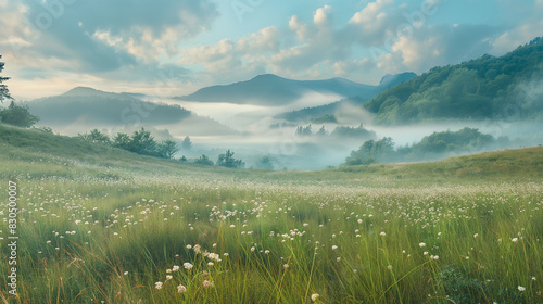 Beautiful natural panoramic countryside landscape. Blooming wild high grass in nature after rain in the morning.