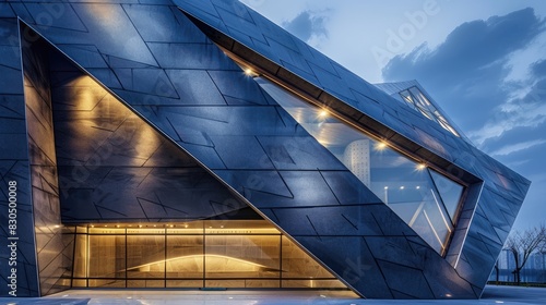 The modern and geometric triangular design of the building enhances the urban scenery attracting attention and symbolizing powerful architectural features photo