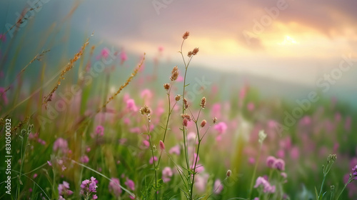 Beautiful natural panoramic countryside landscape. Blooming wild high grass in nature after rain in the morning.