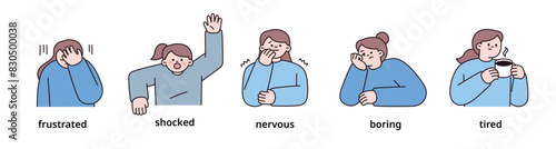 Negative emotion expression set-5. women upper body character. outline vector illustration.