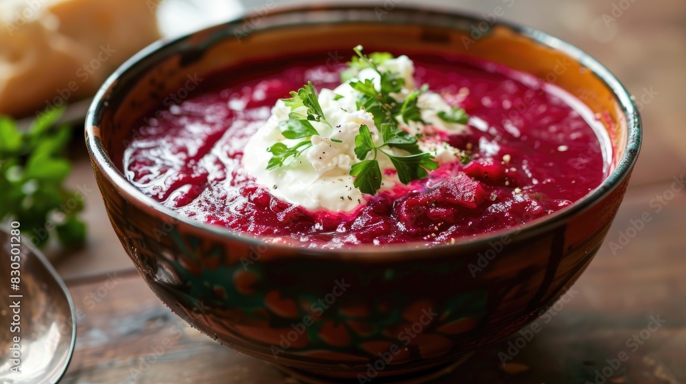 Serving of beet soup with sour cream Serving of beet soup with sour cream