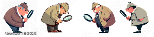 A vector illustration set of cartoon Detectives, searching for clues, isolated on a white background