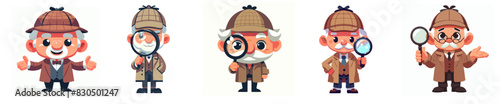 A vector illustration set of cartoon Detectives, searching for clues, isolated on a white background