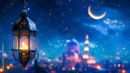 A 3D illustration shows a glowing lantern with a mosque and crescent moon in the background. Ramadan Kareem  Mawlid  Iftar  Eid al-Fitr  Eid al-Adha  and Muharram. Generative AI.