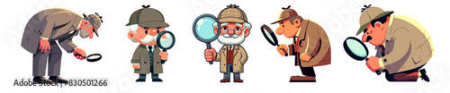 A vector illustration set of cartoon Detectives, searching for clues, isolated on a white background