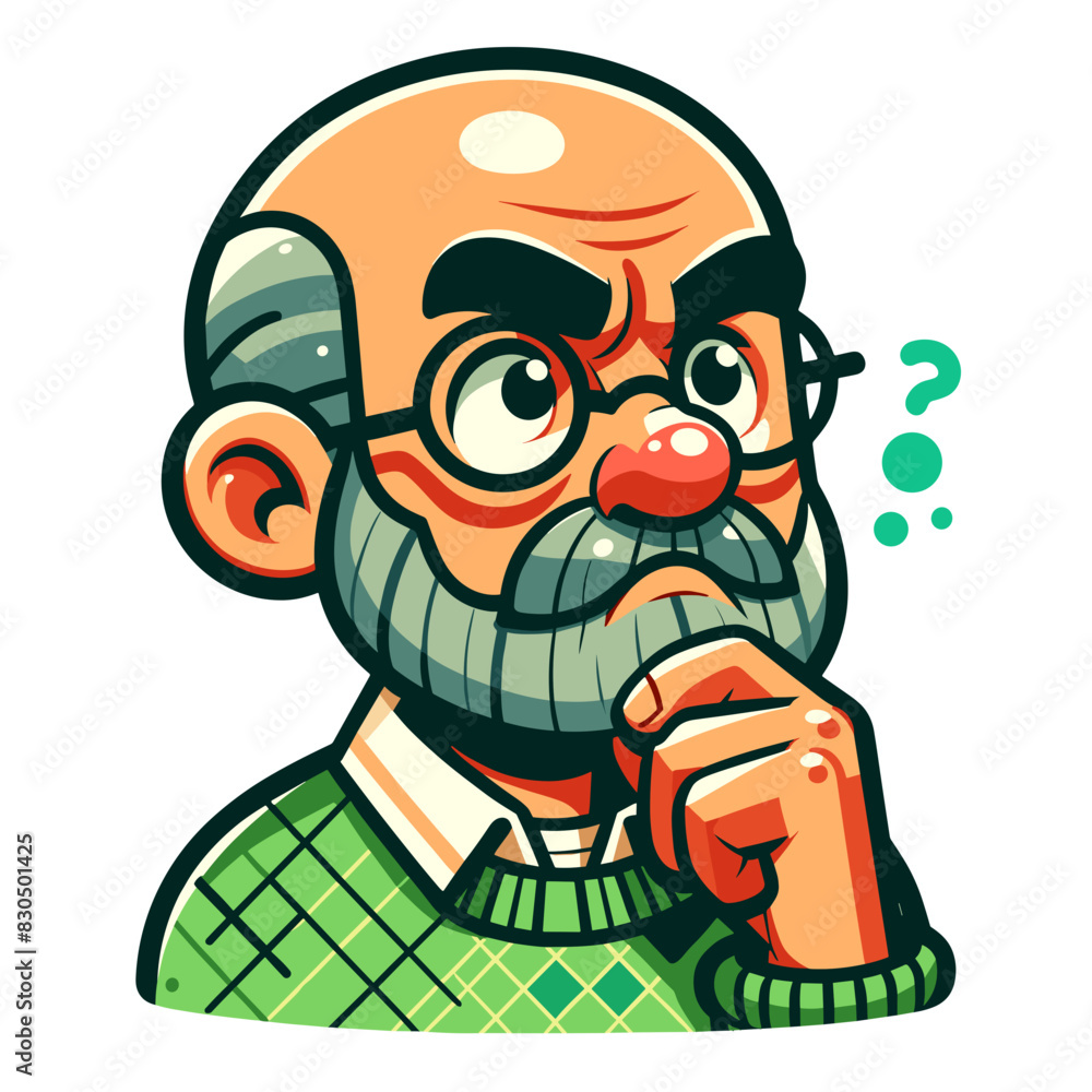 Thoughtful Elderly Man with Glasses and Beard Cartoon Illustration