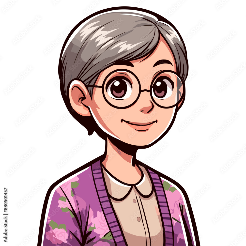 Elderly Woman with Gray Hair and Glasses in a Floral Sweater Cartoon Illustration Elderly Woman with Gray Hair and Glasses in a Floral Sweater Cartoon Illustration