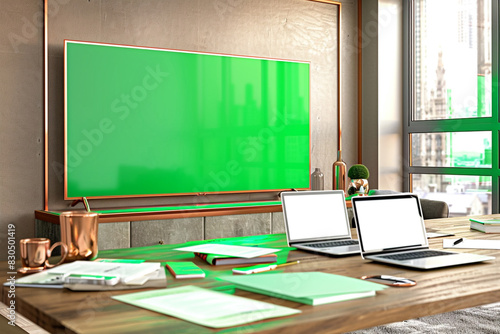 Contemporary office with a walnut desk, mint papers, laptops, and a big TV with a green screen. photo