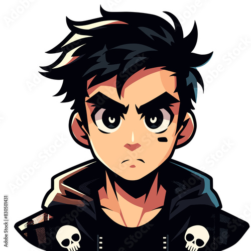 Serious Young Man with Black Hair in Skull Jacket Cartoon Illustration