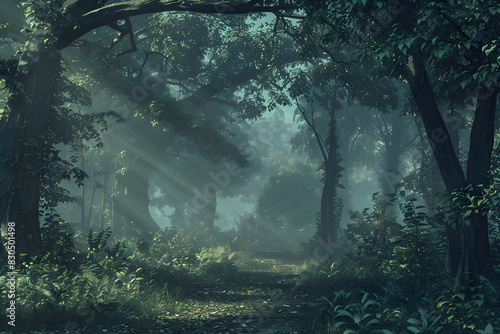 Enigmatic Twilight Forest: Hidden Realms and Woodland Secrets Amidst Dense Trees and Foliage