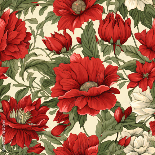 A classic floral pattern with striking red flowers and detailed green leaves  exuding vintage charm