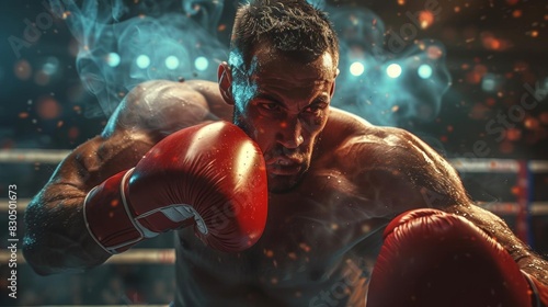 A professional boxer in the ring. He is wearing red boxing gloves and is ready to fight. The background is a blurred out image of a boxing ring. photo