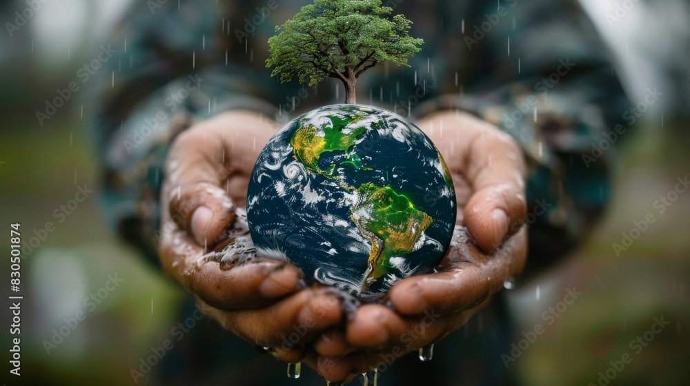 hands holding the Earth, adorned with water drops and a tree on top, symbolizing care for the environment. World Environment Day, emphasizing the importance of conservation and sustainable practices hands holding the Earth, adorned with water drops and a tree on top, symbolizing care for the environment. World Environment Day, emphasizing the importance of conservation and sustainable practices