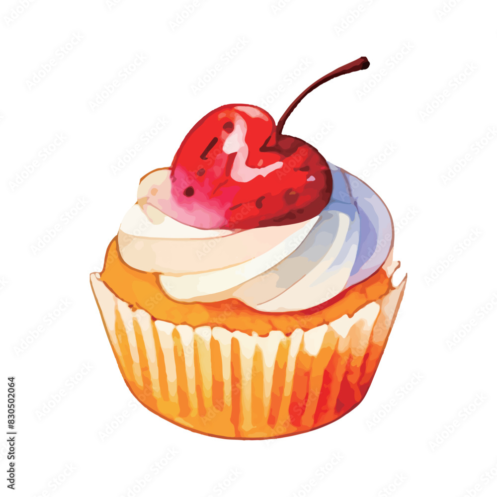 さくらんぼが乗ったカップケーキの水彩風イラスト Generative AI さくらんぼが乗ったカップケーキの水彩風イラスト Generative AI