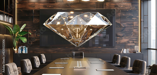 Plush modern boardroom setup with a large diamond-shaped blank TV for strategic discussions. photo