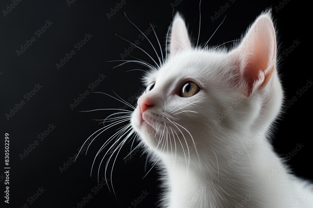 White kitten on a black background in the studio